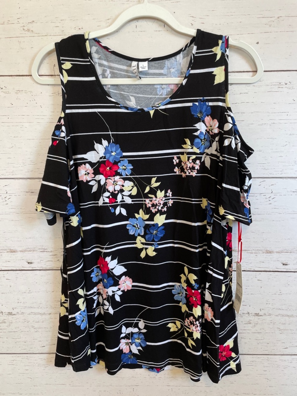Elle Black Cold-Shoulder Top with Blue, Pink and Yellow Floral Print, sz L, NWT